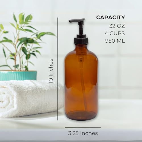 Cornucopia Brands 32-Ounce Amber Glass Lotion Pump Bottles (2-Pack); Quart Size Brown Bottles w/Black Plastic Locking Pump Dispensers; Includes Chalk Labels