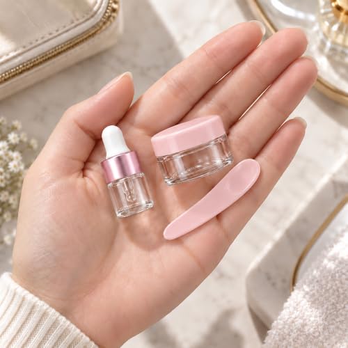 50 Pack 1ml Glass Dropper Bottles with Jars, Spatulas | Eikovia Pink/White Set
