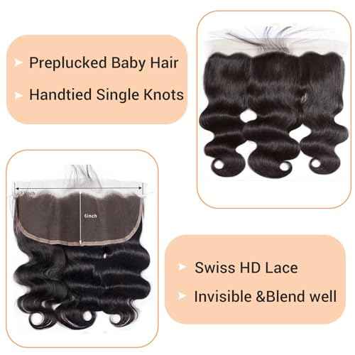 HD Lace Frontal 13x6 Transparent Ear to Ear 16 Inch Body Wave Frontal Human Hair 100% Unprocessed Virgin Lace Closure Human Hair Pre Plucked with Baby Hair 150% Density