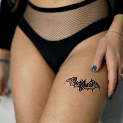 Semi Permanent Tattoo for Women, 2 Sheets Realistic Sexy Temporary Tattoos for adult, Lasts 2 Weeks Waterproof and Non-Reflective Tattoos (Sexy Chain Heart & Lace Bat Tattoo)
