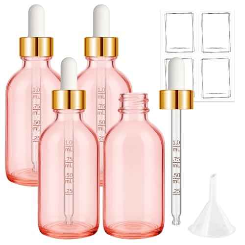 Bumobum 2 oz Dropper Bottle, Pink Glass Dropper Bottle with Measured Dropper & Golden Cap, Empty Eye Tincture Bottles with Funnel, Pipette & Labels for Essential Hair Oils Serums, 4 Pack