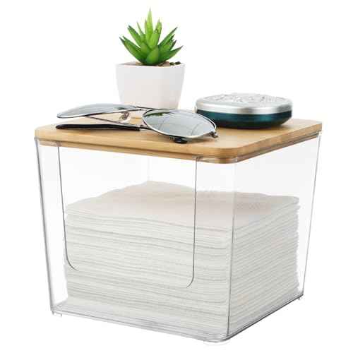 Rainmae Disposable Face Towel Holder, Acrylic Facial Towels Storage Box for XL Clean Skin Club, Upgrade Large Tissue Holder with Bamboo Lid Towel Organizer Container for Bathroom Vanity Countertop