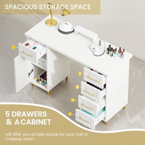MaverickFurni 43" Nail Tech Desk White with 5 Drawers