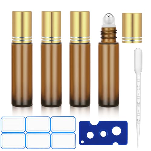 Glass Essential Oil Roller Bottles Set - 4 Pack, 10ml Portable Aromatherapy Containers