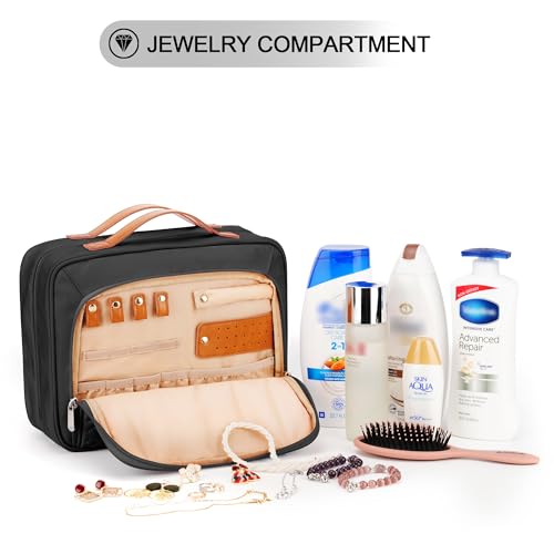 Travel Hanging Toiletry Bag for Women, Holds Full-Size Shampoo, with Jewelry Organizer Compartment, Extra Large Makeup Bag, Waterproof Cosmetic Bag, Toiletries Kit Set with Trolley Belt, Black