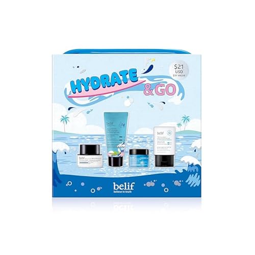 belif Hydrate & Go Kit, Moisturizing Bomb Face Cream, Jelly Cleanser, Eye Bomb Cream, Hydrating SPF 50 Sunscreen, Travel TSA Friendly Kit, Glowy & Bouncy Finish, Korean Skin Care