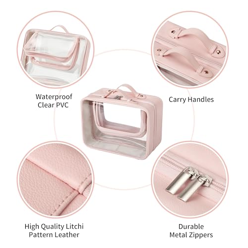 GRANNY SAYS TSA Approved Toiletry Bag, Clear Makeup Bag, Travel Toiletry Bag for Women, Leather Travel Cosmetic Bag, Portable PVC Waterproof Bag, Large Makeup Organizer, Pink