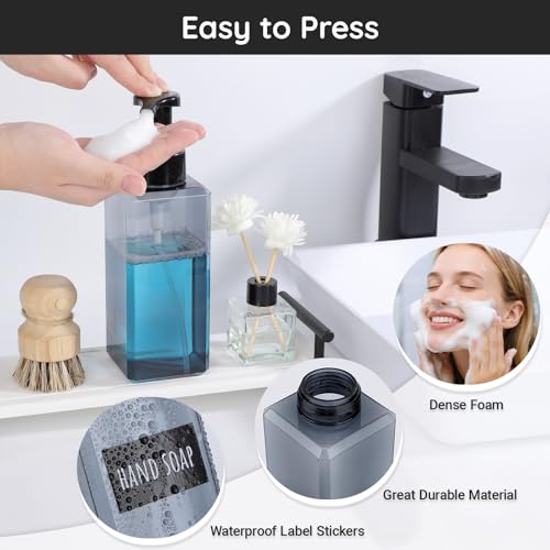 Segbeauty Empty Foam Bottle for Kitchen 22oz, 2pcs Plastic Foaming Soap Dispenser Bathroom, 650ml Gray Square Foam Pump Bottle with Label Stickers, Refillable Foaming Hand Soap Dispenser Large