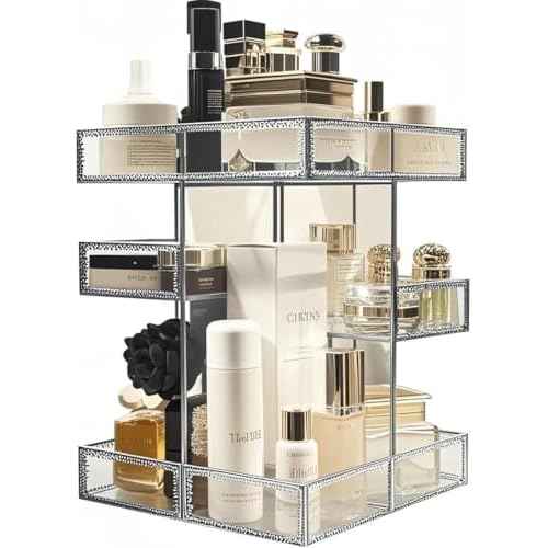 Hersoo 360 Degree Rotation Cosmetic Organizer -Premium Makeup Storage with Spin Base,Antique Countertop Cosmetic Storage,Large Capacity,Beauty Display for Countertop,Vanity or Bathroom (silver)