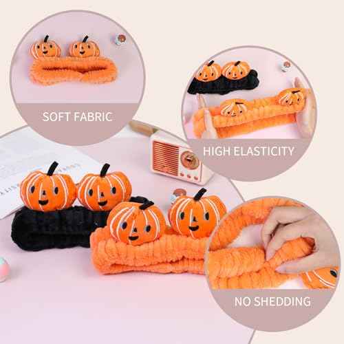 Spa Headband for Washing Face, 2 Pack Cute Halloween Hair Band for Shower Yoga Beauty, Fluffy Makeup Headband, Kawaii Facial Headbands for Woman Girls, Orange+Black Pumpkin