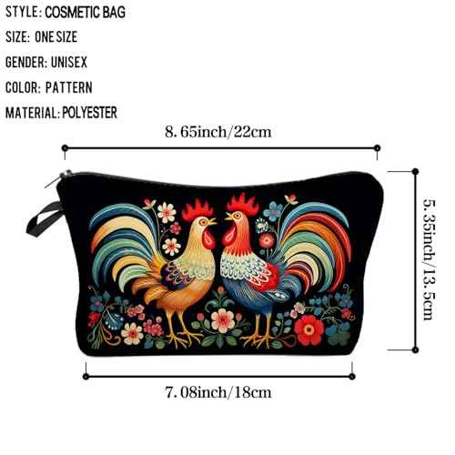 Floral Roosters Makeup Bag Colorful Chicken Small Organizer Bag Zipper Pouch Ethnic Style Roosters Print Cosmetic Bag Present for Women Friends