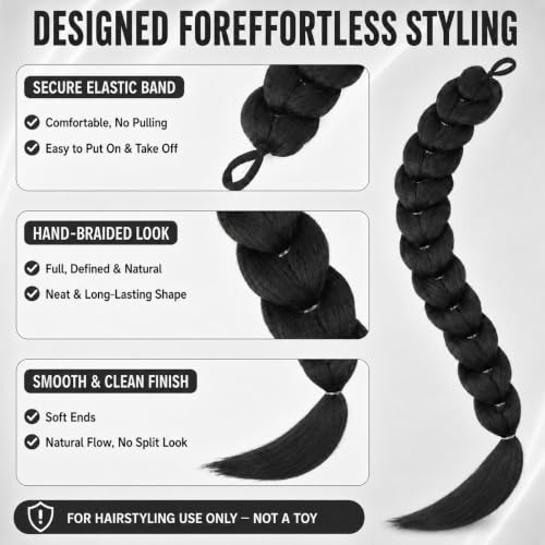 Black Braiding Hair Extensions Ponytail 26 Inch for Cosplay & Halloween
