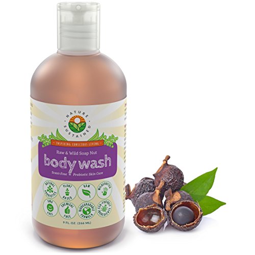 Nature Sustained Organic Body Wash & Face Wash – Raw & Wildcrafted with Probiotics, Soapberry Formula for Eczema & Psoriasis - Wild Plants Selected for Sensitive & Dry Skin, 9oz, Original