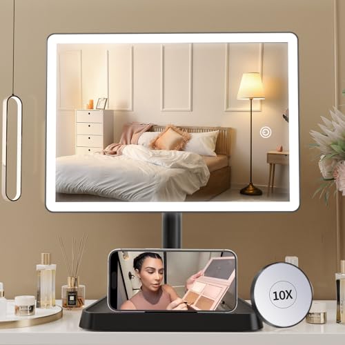 FUNTOUCH Rechargeable Lighted Makeup Mirror with Phone Holder