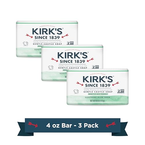 Kirk's Castile Bar Soap Clean Soap for Men, Women & Children | Premium Coconut Oil | Sensitive Skin Formula, Vegan | Soothing Aloe Vera | 4 oz. Bars - 3 Pack