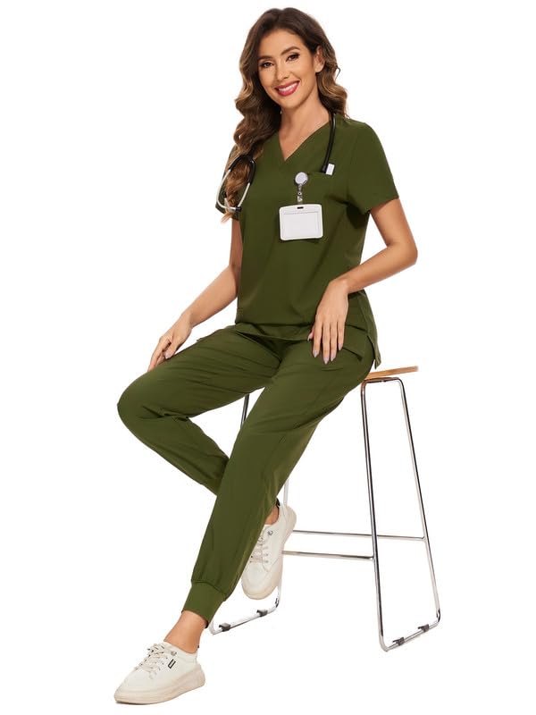 COZYFIT Scrubs for Women Set - Stretch V-Neck Scrub Top & Jogger Pant with 8 Pockets, Yoga Waistband, Anti Wrinkle, Slim Fit Women Scrubs - Olive Green, XS