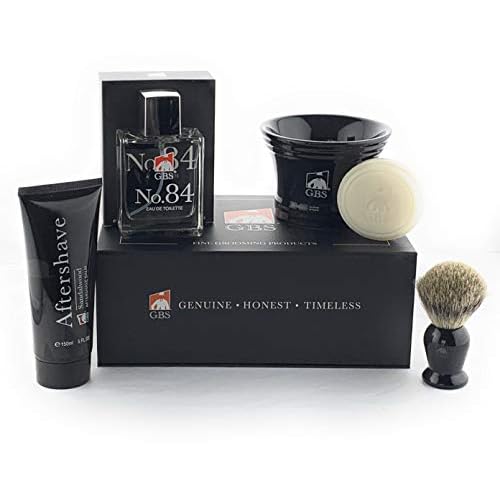 G.B.S GENTS Premium Men's Shaving Kit - 5PC Complete Set with Shave Brush, Sandalwood Aftershave, No.84 Cologne & Ceramic Bowl - Gift Set for Men