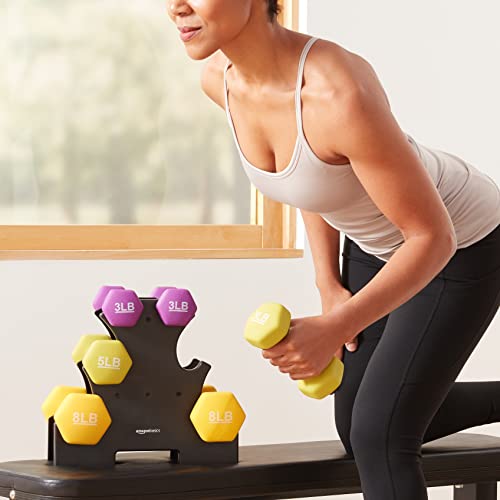 Amazon Basics Neoprene Dumbbell Set with Rack - 3, 5, 8 lbs Hand Weights for Exercise & Strength Training