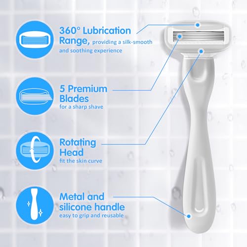 Razors for Women Include 1 Non-Slip Metal Handle and 7 Blade Refills, 5 Premium Blades Women's Razors for Shaving with 360¡Æ Lubrication Reduces Irritation, Silver