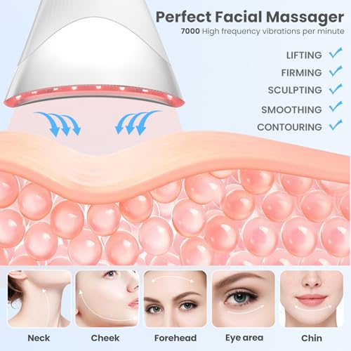 7 Color Light Face and Neck Massager Tool of Double Chin Reducer, Facial Massager with Adjustable Vibration and Thermals for Wrinkles Face Sculpting Tool with Base (White)