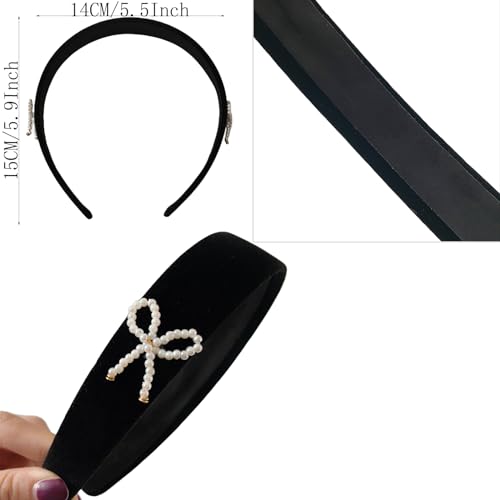 EIIXMSO 2 Pcs Black Velvet Bow Headband Vintage White Pearl Beaded Headband for Women