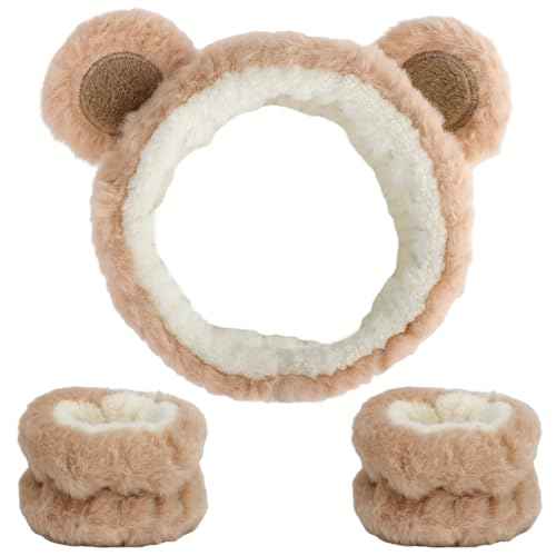 Canitor Face Wash Headband with Wrist Towels - Soft Coral Fleece Spa Makeup Headband, Cute Animal Elastic Skincare Design with Bear Ears