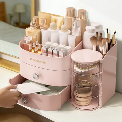XIAPIA Compact Makeup Organizer with Drawers for Vanity & Skincare - Pink