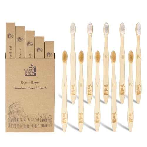 Bamboo Toothbrushes for Adults, BPA-Free Soft Tapered Bristles, Eco-Friendly Natural Organic Wooden Toothbrush, 10-Count Toothbrushes Travel Set