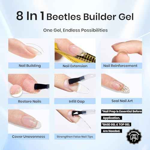 Beetles Builder Gel Low Heat,0.51 oz 8 in 1 Clear Gel Builder for Weak & Thin Nails Building Apex & Extension Strengthener with Detachable Liner Nail Brush for Beginner DIY Salon at Home UV&LED Cured