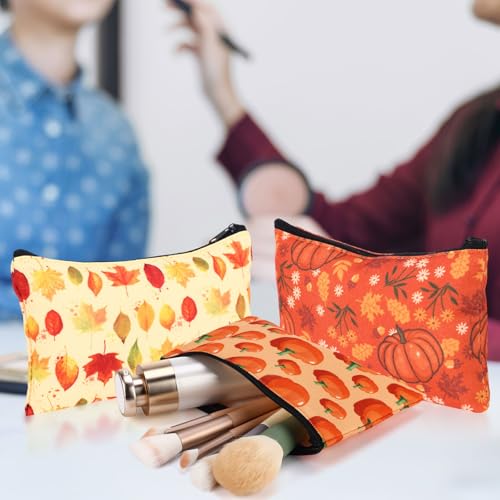 Meanplan 24 Pcs Thanksgiving Day Makeup Bags Bulk Fall Cosmetic Bag Pumpkin Maple Leaf Turkey Autumn Gift Pouch Portable Storage Zipper Pouch Travel Purse Toiletry Organizer Party Favor(Thanksgiving)