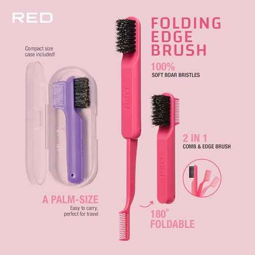 Red by Kiss 2-in-1 Foldable Comb & Edge Brush with Travel Case, Compact Palm-Sized Design, 100% Soft Boar Bristles for Smooth Hair & Edge Control, Portable Hair Styling Tool (Purple)
