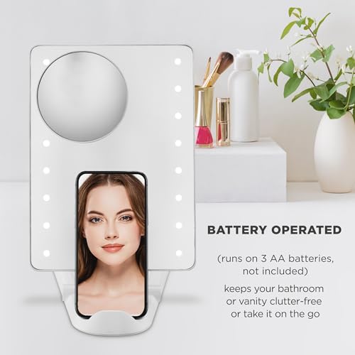 Conair Lighted Makeup Mirror, LED Vanity Mirror, 1X/10X Magnifying Mirror with Phone Holder, Battery Operated in Glossy White