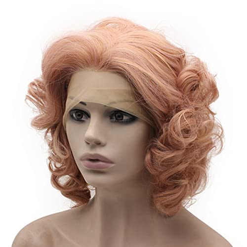 MX angel Short Curly Synthetic Hair Lace Front Rose Pink Wig Heat Friendly Fiber Hair