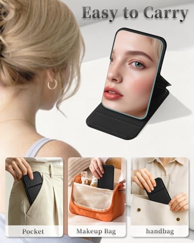 VFD Black Compact Folding Travel Makeup Mirror with Adjustable Stand