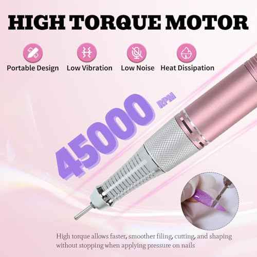 Professional Nail Drill File 45000RPM Electric Portable Nails Drills Kit with Rechargeable 7 u?as Bits Cordless Efile for Poly Gel Acrylic Nails Remover Home Salon Pedicure Manicure Tool (Rose Pink)