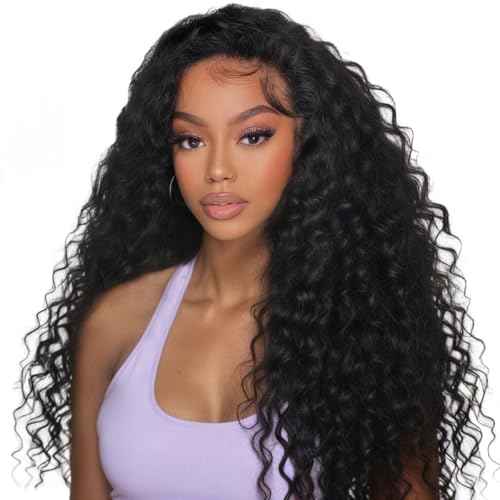 XSY Half Wig Human Hair Deep Wave 20 Inch Curly Half Wig 3 In 1 Drawstring Seamless Flip Over Glueless Wear Go Half Wigs for Black Women Beginner Friendly 180% Density Natural Black