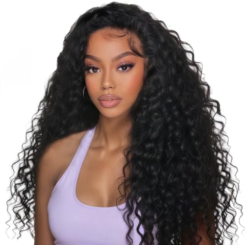 Deep Wave Human Hair Half Wig 20 Inch Natural Black 1B# Glueless, Wear & Go Style
