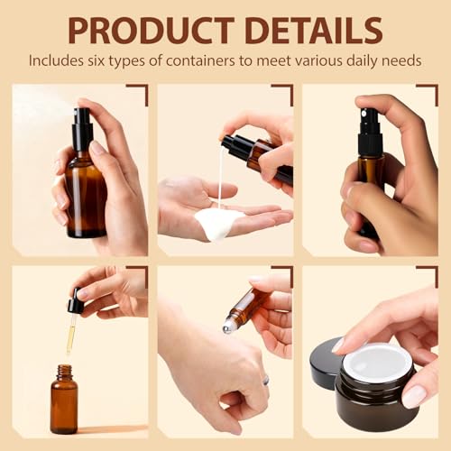 29 Pack TSA Approved Glass Travel Skincare Containers,Toiletry Bag£¬1.7/1/0.7/0.5/0.3oz Refillable Traveling Size Containers with Pump, Jars & Essential Oil Bottle , Leak-Proof for Creams & Liquids