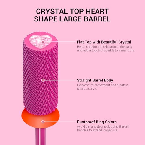 Large Barrel Tungsten Carbide Nail Drill Bit - Pink Heart Shape, Fine Grit, 3/32''