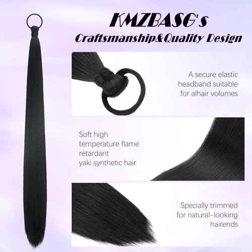 2 PCS Black Ponytail Extension with Hair Tie DIY Braided Ponytail Extension Warp Around Yaki Straight Sleek Hairpieces Light and Soft Fluffy Stayle Ponytail for Women Daily Party Use