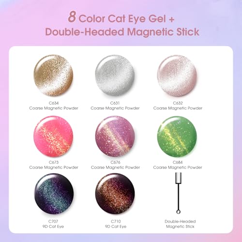 ROSALIND Cat Eye Gel Nail Polish Set - 8 Glitter Silver & Magnetic Colors