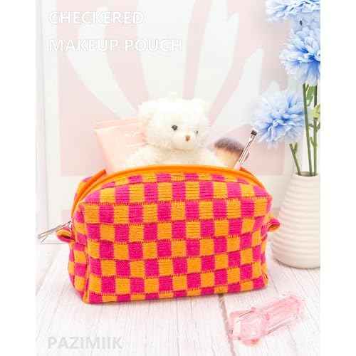 PAZIMIIK Checkered Makeup Bag for Purse Portable Zipper Make Up Pouch Small Cosmetic Case for Travel Red Orange