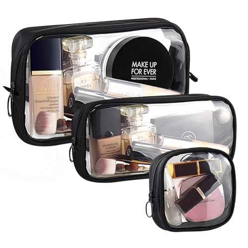 Clear TSA Approved Toiletry Bag Set - 3 Pack (Large, Small and Mini) Clear Cosmetic Bag with Zipper, Quart Size Travel Essentials Organizer Perfect for Carry-On Luggage (TPU-3LSM-Black)