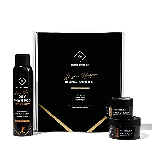 Blind Barber Bryce Harper Signature Series Gift Set - Men’s Hair, Beard & Grooming Kit with Dry Shampoo, Beard Balm, & Hair Clay Styling Paste for Men (3 Piece Set)