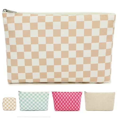 Checkered Makeup Bag, Travel Cosmetic Bag Organizer Toiletry Bag Make Up Bags with Zipper & Compartments for Women Girls