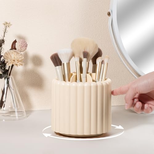 Rotating Makeup Brush Holder Organizer - 7 Slots, Beige