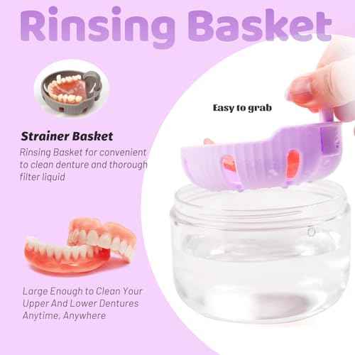 Denture Case with Strainer and Mirror, Leak Proof Denture Bath Cup for Travel, Purple Denture Container Cups for Soaking Full & Partial Dentures, Retainers with Denture Brush, Aligner Removal Tool