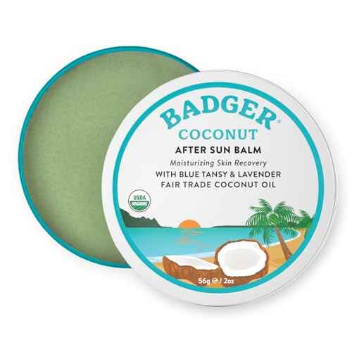 Badger Coconut AfterSun Balm, 100% Organic Soothing Sunburn Relief, Great Smelling, Moisturizing & Hydrating After Sun Skin Care, 2 oz Tin
