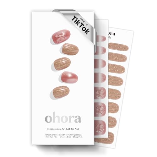ohora Semi Cured Gel Nail Strips N Rosy Bow with Gold Glitter Line - Easy Application & Long Wear