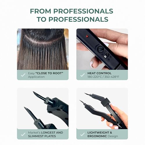 Professional Keratin Fusion Tool for Hair Extensions ? Slim Long Heating Plates, Adjustable Temperature, Rapid Heat-UP, Seamless Fusion, Root Access, Salon-Quality Keratin Glue Gun (Black)